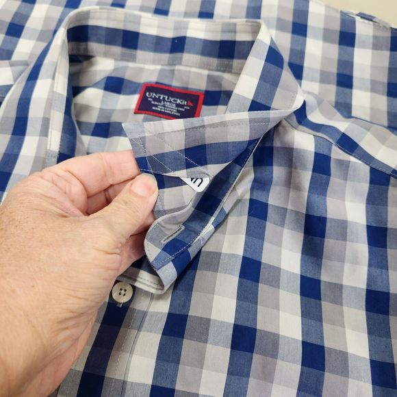 Untuckit Mens Pomerol Button Front Shirt Size L Long Sleeve Slim Gray Blue Check - Picture 9 of 11